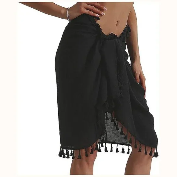 Beach Sarong Pareo Womens Semi-Sheer Swimwear 28-black+white-short - Picture 5 of 6